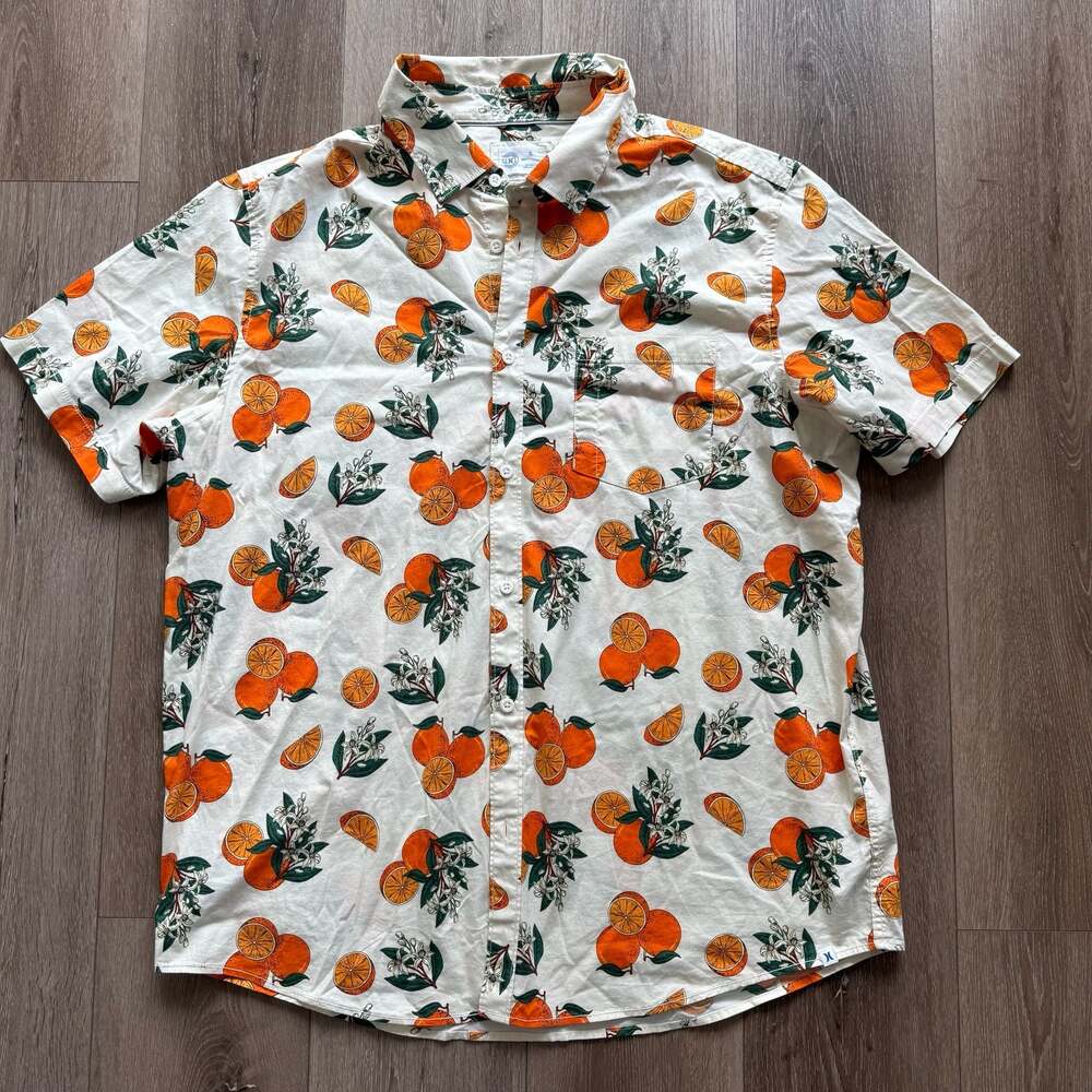 Hurley Men's Orange Fruit Print Short Sleeve Button Down Shirt Size XL